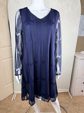 PinkBlush Maternity Navy Mesh Overlay Dress Chevron Sheer Sleeve Flowy Large